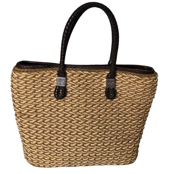 Brighton Straw Double Handle Bag Leather Woven Handles Silver Hardware - Picture 3 of 13